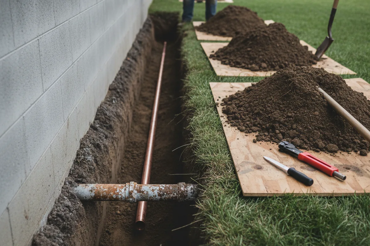 Excavated water line trench during Sewer Line Repair in Norris